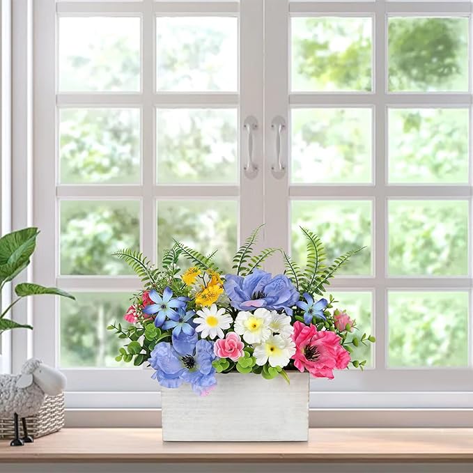 Briful Table Floral Arrangement Centerpiece, Artificial Flowers in Wooden Vase, Silk Flowers for Home Decor Indoor, Spring Summer Flower Farmhouse Table Decor for Dining Table, Coffee Table, Shelf