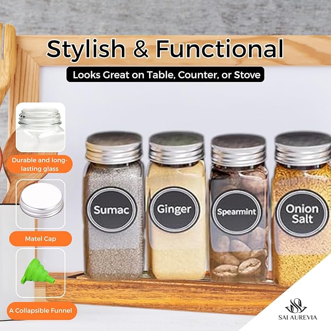 28-Jar Spice Rack Organizer with 4-Tier Metal Stand | Complete Set with Glass Jars, Labels & Funnel | Space-Saving Kitchen Spice Storage (Wall or Countertop Mount)