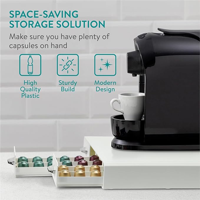Navaris Coffee Capsule Triple Drawer - Coffee Pod Storage Drawer - Space-Saving Coffee Pods Organizer for Your Kitchen - Coffee Holder for Countertop - Fits Up to 48 Cups - White
