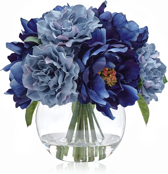 WELL KNOWN Artificial Blue Peonies Flowers in Vase with Faux Water, Silk Fake Flower Arrangements for Spring Home Dining Coffee Table Decor Wedding Party Centerpieces & Mom's Birthday Gift
