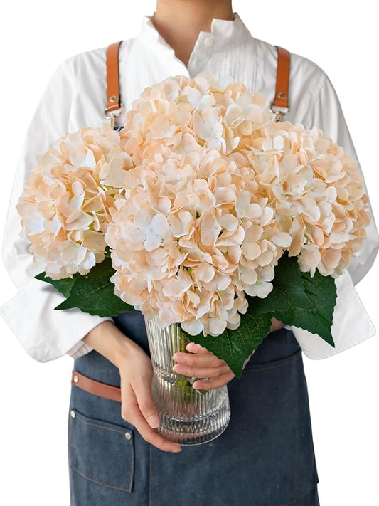 JINWOE Boho Faux Hydrangea Flowers, 4PCS 21" Silk Real Touch Vintage Lifelike Silk Flowers,Artificial Hydrangeas with Stems Bouquet Fake Flowers for Wedding Centerpieces Tables Party Outdoor Home