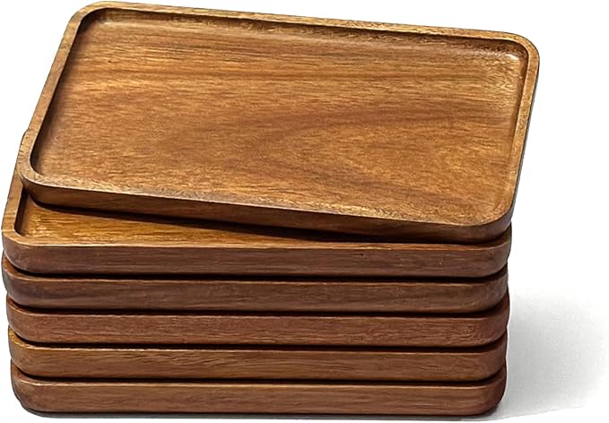 Small Wooden Tray (7.5 x 4.1 inch) 6 Pack Rectangular | Serving Tray for Coffee Tables, Dessert, Snack, Fruit, Acacia Wood Platter for Vegetable, Decor Restaurant