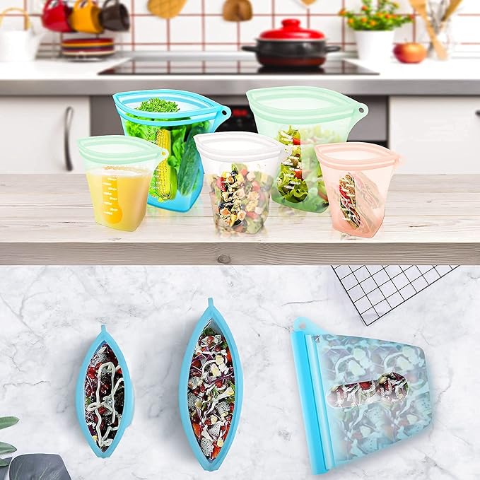 Reusable Silicone Food Storage Bags,Stand Up Leakproof Zip Containers,Reusable Sandwich Bags,Non-Toxic,BPA Free, Dishwasher Safe,Freezer-Safe,Easy to Clean（Set of 5）