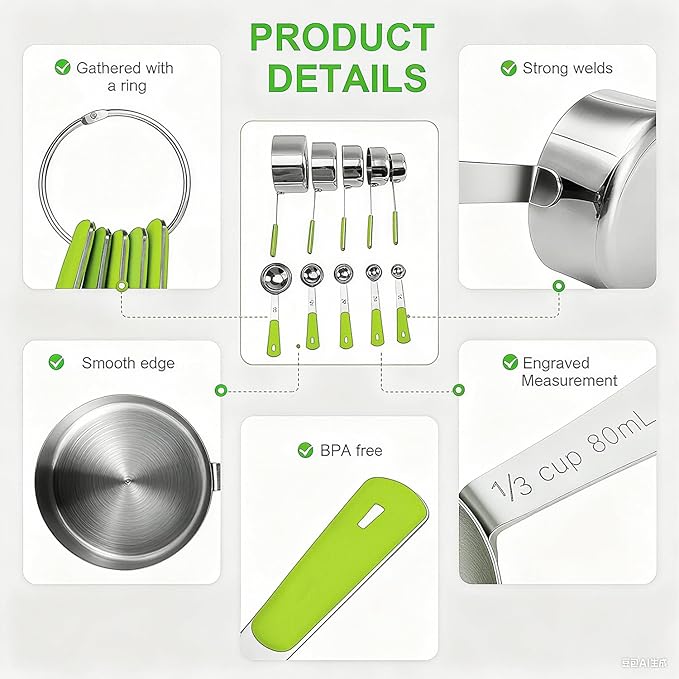 Bopei Measuring Cups and Spoons Set Stainless Steel 10 Piece for Cooking and Baking (5 Cups + 5 Spoons, Green Handle)