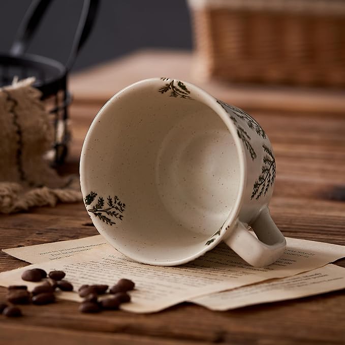 12oz Vintage Ceramic Coffee Mug Set of 2 - Handmade Stoneware Pottery Countryside Farmhouse Fall Autumn Tea Mugs with Big Handle for Latte,Cocoa,Dishwasher & Microwave Safe Cups (Plants)