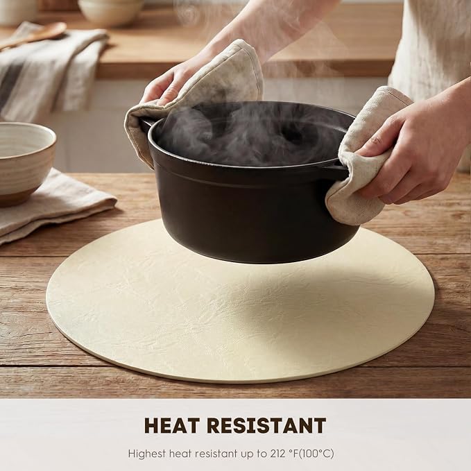 Artoid Mode Beige Faux Leather Placemats Set of 6, 15 Inch Waterproof Wipeable Heat Resistant Vinyl Place Mats, Reversible Table Mats for Kitchen Dining Decor