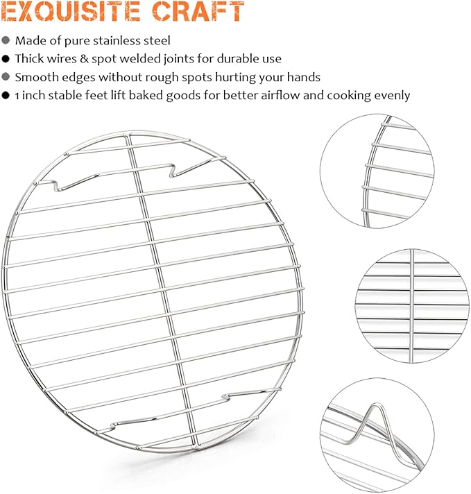 E-far 7½ Inch Steaming Cooking Racks, Stainless Steel Round Baking Cooling Rack Set of 2, Multi-Purpose for Canning Air Fryer Pressure Cooker, Dishwasher Safe