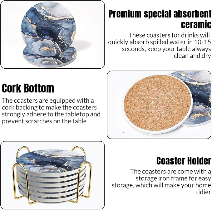 Ceramic Coasters Set of 6, Marble-Textured Design with Holder - Absorbent Cork-Backed Coasters for Cups, Bar & Coffee Table Decor Accessories (Dark Blue Marble, 6 Pack-Thin)