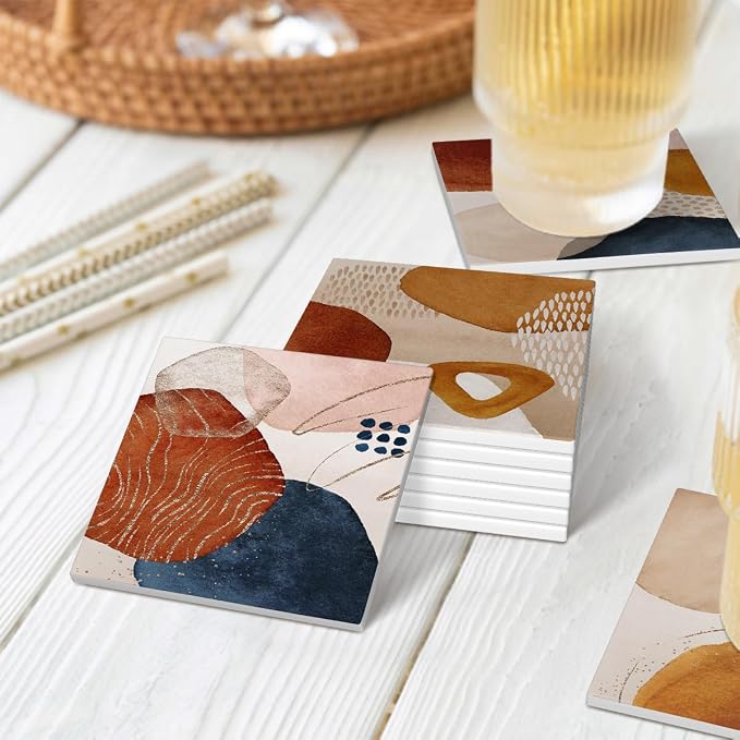 Drink Coasters for Drinks Set of 6, Terracotta Navy Orange and Gold Abstract Modern Art Absorbent Square Ceramic Stone Mat Coaster, with Cork Base and Metal Holder, Home Bar Decor House Warming Gift