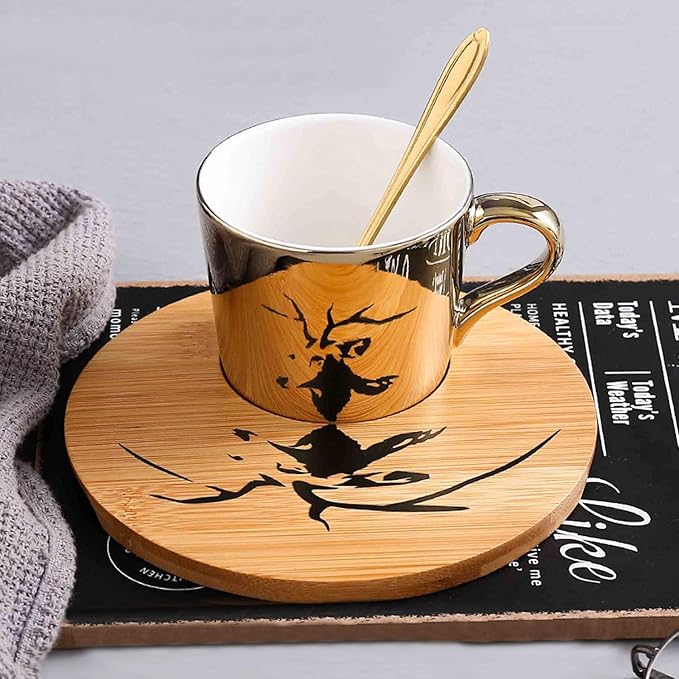 Mirror Cup and Saucer Set Cappuccino Cups Set of 2 Ceramic Gold Animal Espresso Cups with Saucers and Spoons 8 Ounce Tea Coffee Cup with Wood Saucer, Set of 2, Golden Best Gift