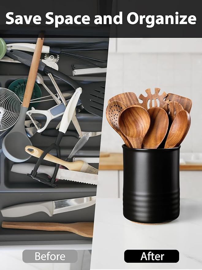 ABRUTY Utensil Holder, 6.7" Ceramic Kitchen Utensil Crock for Countertop Cooking, Modern Utensil Caddy Jar Organizer for Farmhouse Kitchen Counter Décor, Matte Black