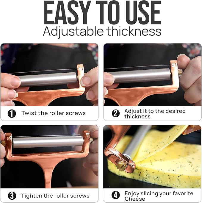 Zulay Adjustable Cheese Slicer - Wire Slicer for Mozzarella, Cheddar, Gouda - Heavy Duty With 2 Extra Wires (Rose Gold)