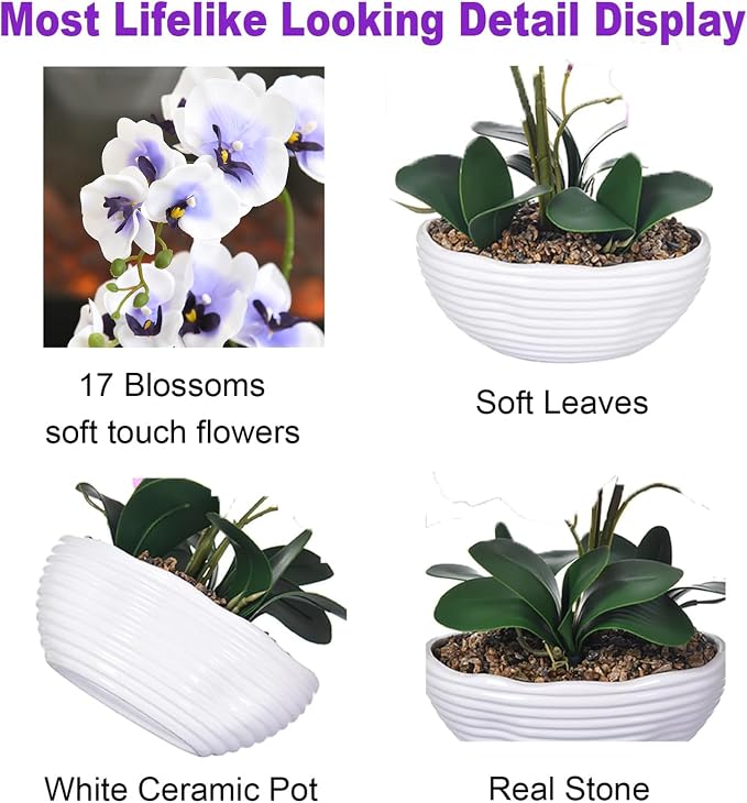 19" H Phalaenopsis Faux Orchid Plant Silk Orchid Centerpiece Artificial Floral Arrangement in Ceramic Pot (White and Purple)