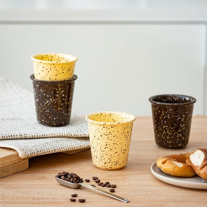 10oz Coffee Mugs Set of 4 for Latte, Cappuccino, Tea & Hot Cocoa, Farmhouse Speckled Handleless Ceramic Coffee Cups, Stackable Drip-Free Lead-Free, Microwave & Dishwasher Safe, Brown