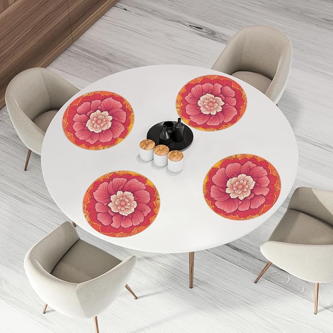 Round Placemats Set of 4, Pink Orange Flowers Woven Placemats Mats Non-Slip Heat Resistant Washable Table Mats Round Braided Place for Farmhouse Kitchen Dining Party Decor 15in