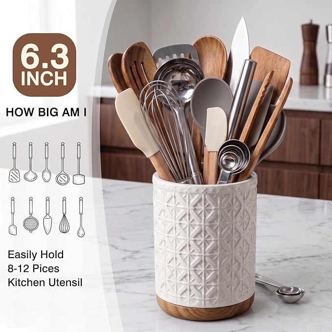 Boho Kitchen Decor Ceramic Utensil Holder with Wooden Base, Checkered Utensils Holder for Farmhouse Indoor Decorations, Utensil Crock for Kitchen Counter Utensil Organizer for Spatula & Spoon