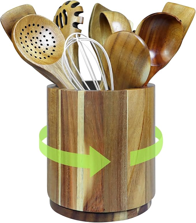 Acacia Wooden Utensil Holder for Kitchen Counter,360° Rotating 6.9" Wooden Cooking Utensil Crock for Countertop,Non-Slip Large Utensils Holders
