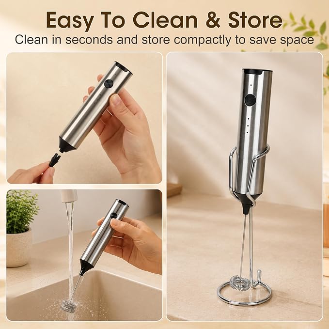 Milk Frother Handheld, Electric Milk Foamer with 2 Whisks & 3 Speeds, USB-C Rechargeable Stainless Steel Drink Mixer, Mini Egg Beater for Latte Cappuccino Matcha Hot Chocolate Protein Shake, Silver