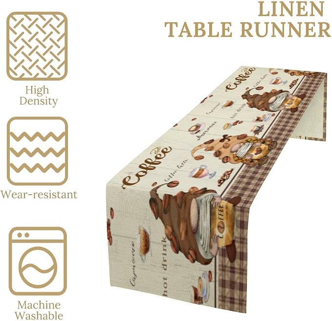 Coffee Gnome Table Runner, Vintage Rustic Cute Coffee Biscuit Cake Dessert Drinks Chef Table Decor Table Top Dining Kitchen Wedding Party 13x36 in