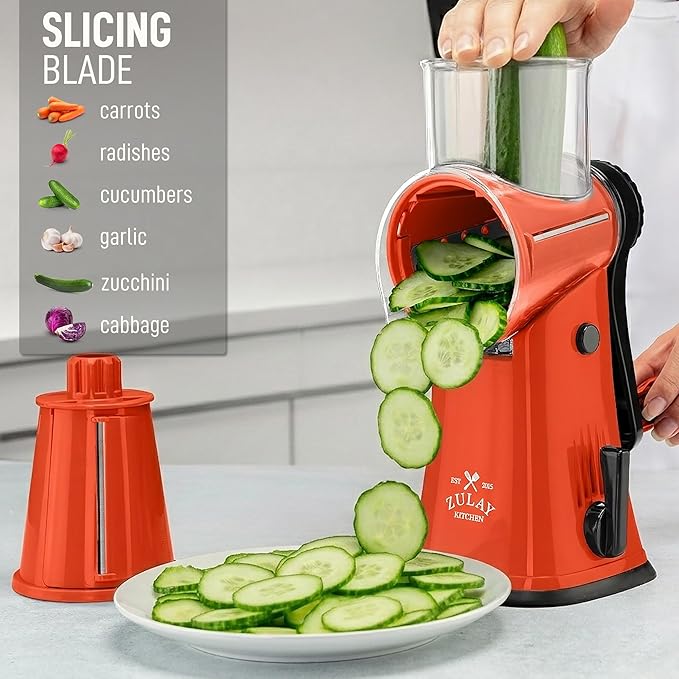 Zulay Kitchen Rotary Cheese Grater 5 Blade Cheese Shredder - Manual Hand Crank Cheese Grater With Reinforced Suction & 5 Interchangeable Drums - Easy to Use, Vegetable Chopper Round Mandoline Slicer