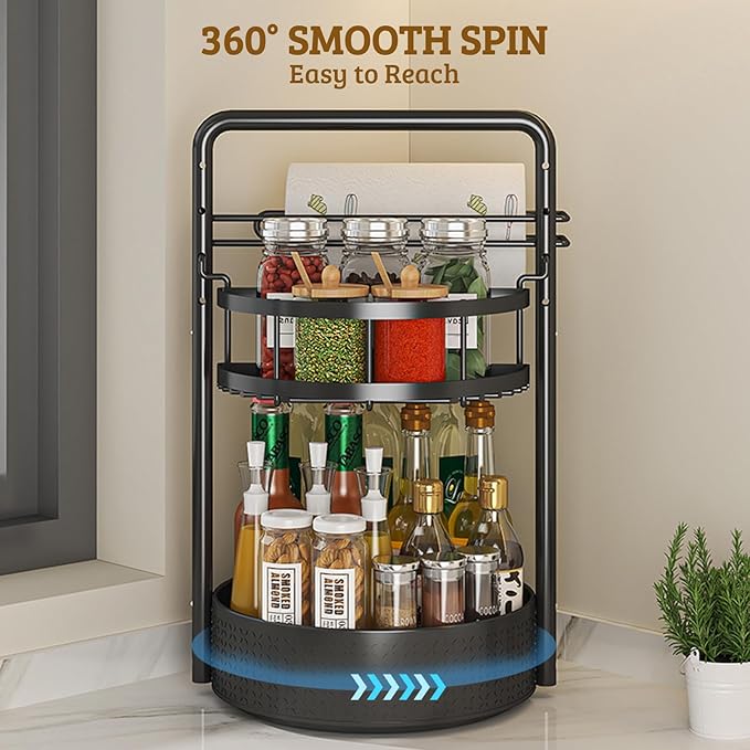Rotating Spice Rack with Paper Towel Holder, 2 Tier Turntable Lazy Susan, Seasoning Organizer for Kitchen Countertop Cabinet, Black