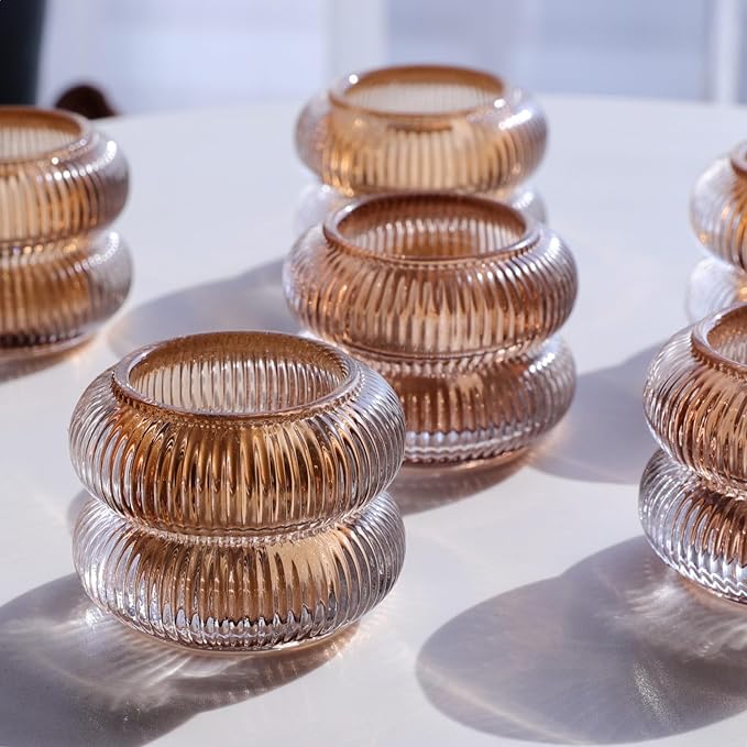 Woho Ribbed Amber Votive Candle Holders Set of 12 for Wedding Table, Vintage Glass Tealight Candle Holder for Fall Decor, Boho Tea Lights Candle Holder for Thanksgiving (Brown, 2.1" H X 2.75" D)