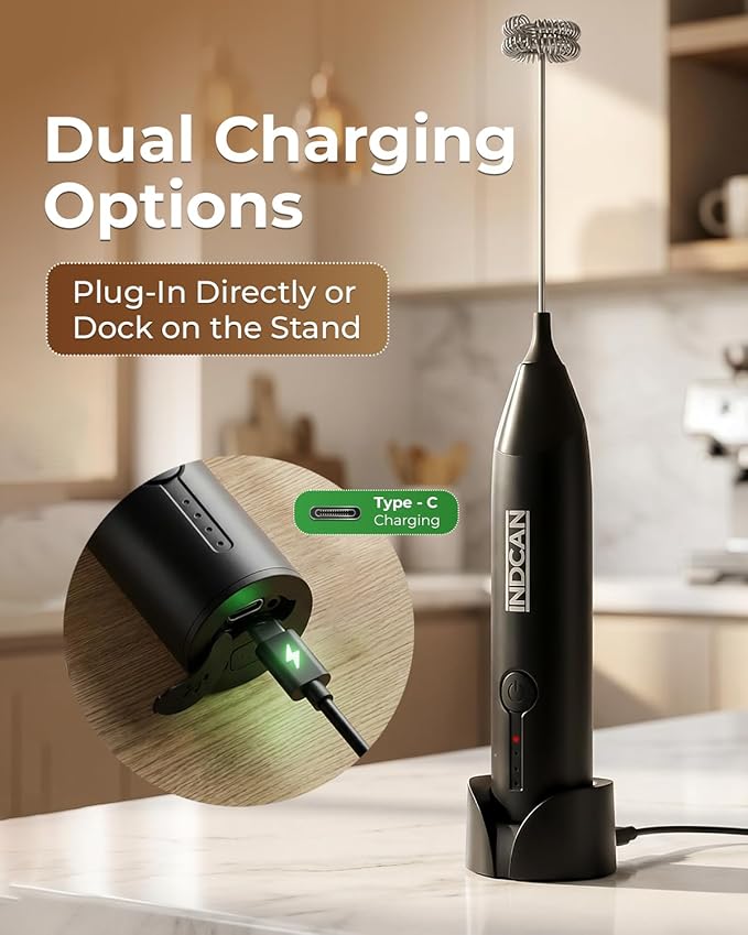INDCAN Rechargeable Milk Frother Handheld, Electric Foam Maker with Dual Stainless Steel Whisk, Multiple Speeds, Perfect for Coffee, Lattes, Cappuccino, & Matcha (Pro, Black)