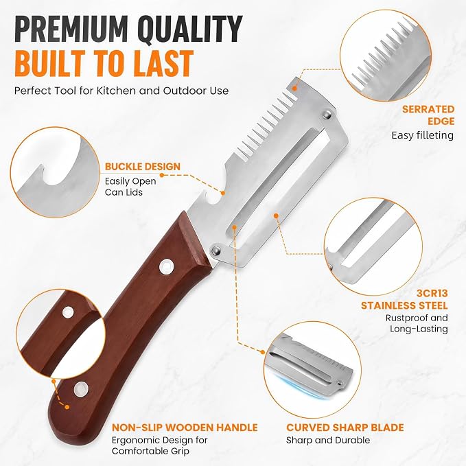 3-in-1 Vegetable Peeler with Scallion Shredder & Bottle Opener – Wide Stainless Steel Blade, Wooden Handle Julienne Cutter, Multi-Functional Kitchen Gadget for Home, Camping, Travel