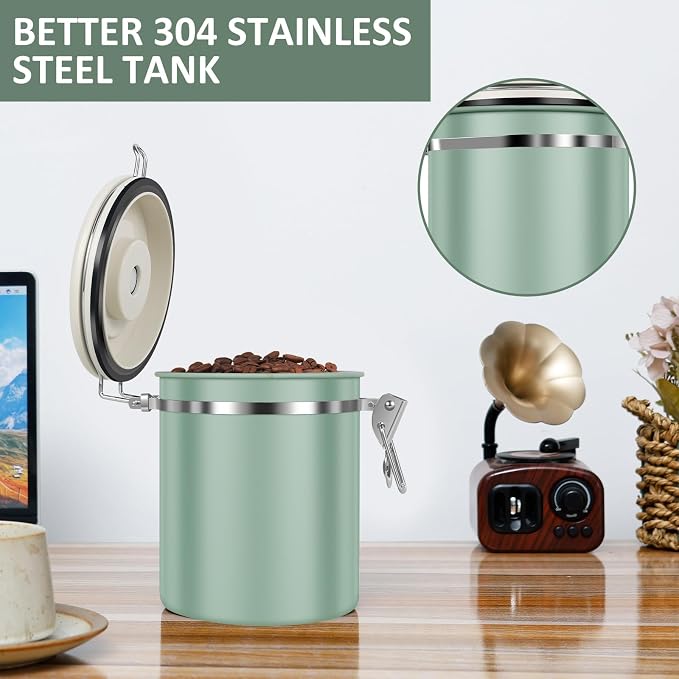 3PCS Coffee Storage Canister,1.5L 51OZ Double Airtight Coffee Beans Container with Date Locator,304 Stainless Steel Kitchen Food Storage Container with Spoon,for Coffee Beans Grounds Tea Sugar