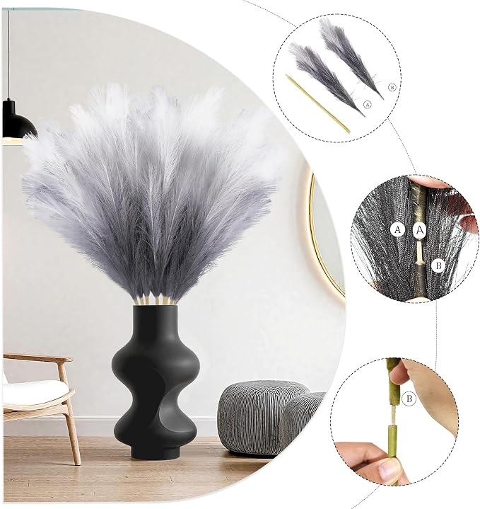 Torontokyo 8Pcs Black Faux Pampas Grass Decor Tall, 35.4” Fluffy Artificial Pompous Grass Branches, Large Pampas Grass Reed Stems for Halloween Gothic Room Decor, Wedding, Baby Shower, Home Boho Decor