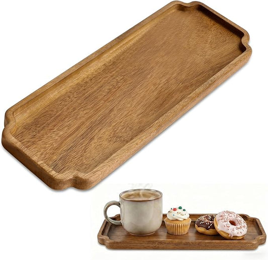Small Wooden Tray | Acacia Wood Tray for Vanity, Bathroom Counter, Coffee Table & Toilet | Perfect for Remote, Snack & Catch All | Mini Charcuterie Board Serving Platter (Scalloped Rectangular)