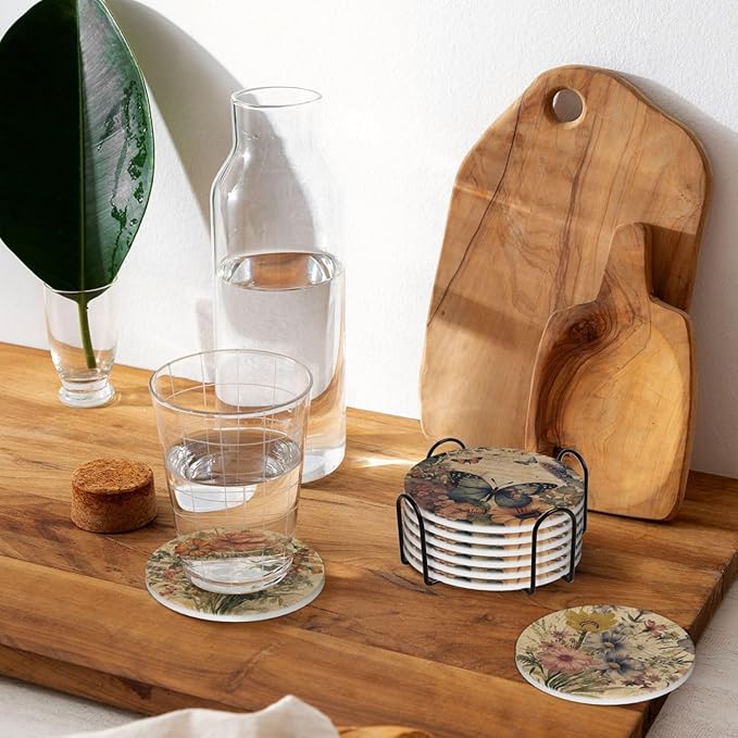Boho Floral Vintage Flower 6 Pcs Coaster Set with Holder Round Ceramic Coasters Pretty Romantic Blossom Daisy Butterfly Absorbent Cup Drink Coasters Set for Modern Coffee Table Bar Wine Beer Protect