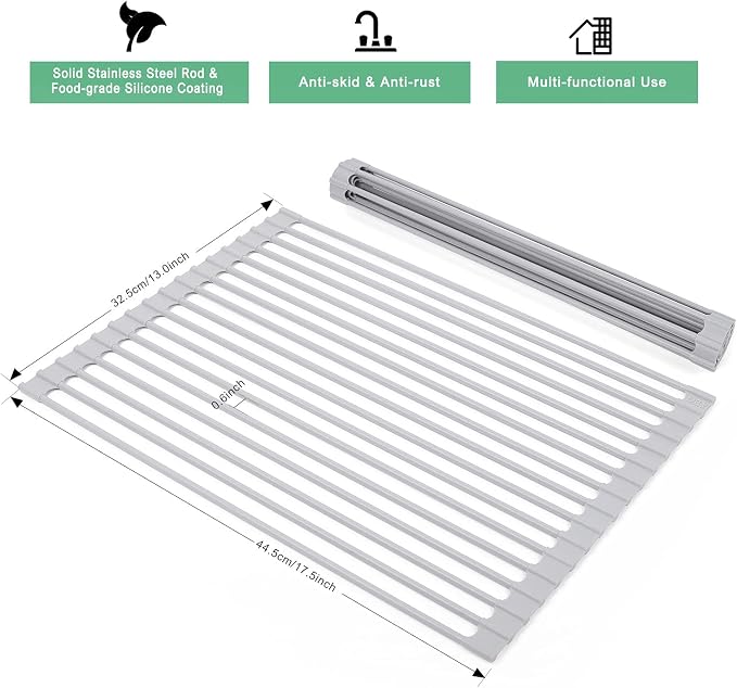 Roll Up Dish Drying Rack Over Sink, 17.5" x 13" Silicone Coated Stainless Steel Sink Drying Rack, Foldable Dish Drainer Rack for Kitchen Counter, Heat Resistant, Non-Slip, Space Saving, Gray