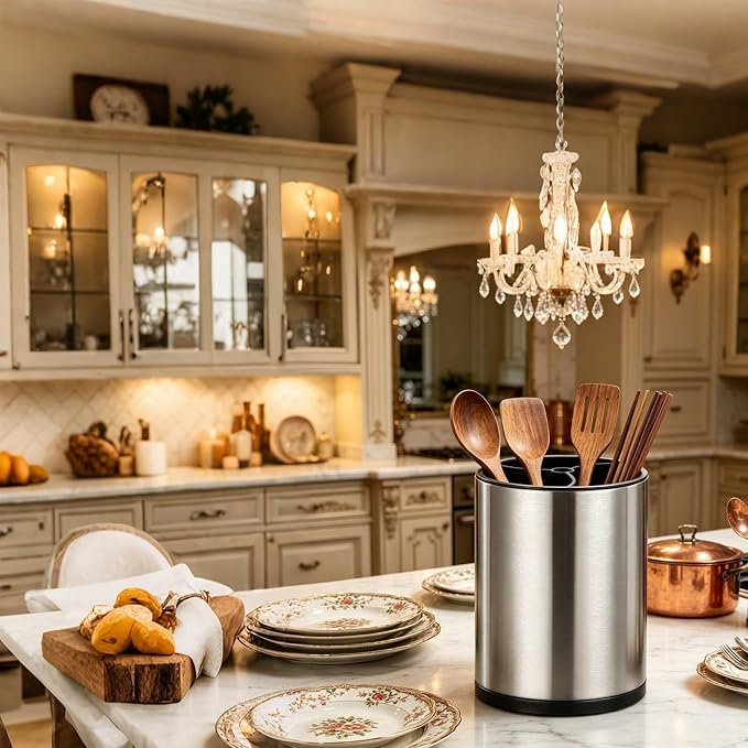 360° Rotating Kitchen Utensil Holder For Countertop,Large Utensils Crock Stainless Steel,Stable Cooking Utensil Holder With 3 Compartment,Drainage Non-Slip For Spatulas,Spoons(Gray)