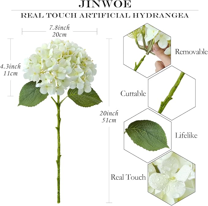 JINWOE White Flowers Hydrangea Artificial Flowers, 4Pcs 20" Real Touch Lifelike Faux Silk Flowers, Full Fake Artificial Hydrangeas with Stems for Bouquet Table Centerpieces Spring Home Decoration