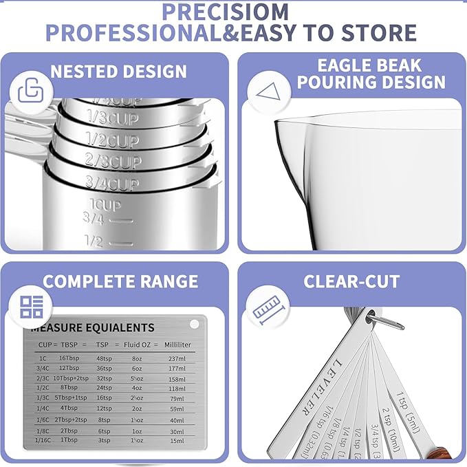 Stainless Steel Measuring Cups and Spoons Set, 6 Stainless Steel Measuring Cups, 7 Measuring Spoons & 1 Leveler, 3 Plastic Measuring Cup with 1 Measuring Conversion Chart