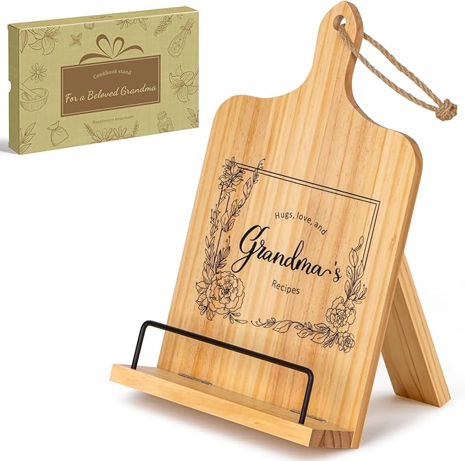 PUERSI Cookbook Stand, Kitchen Gifts for Grandma on Mothers Day, Wooden Recipe Book Holder, Grandmother Mothers Day Gift, Adjustable Cook Book Stand for Kitchen Counter