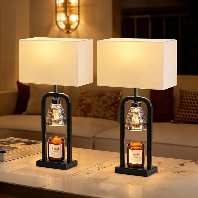 PoKat Electric Candle Warmer Lamps Gold, Lamp Candle Warmers with Timer Dimmer, Wax Light Warming Table Lamps Set of 2 for Jar Candles, Modern Bedside Lamp for Home Decor Living Room, Bulb Included