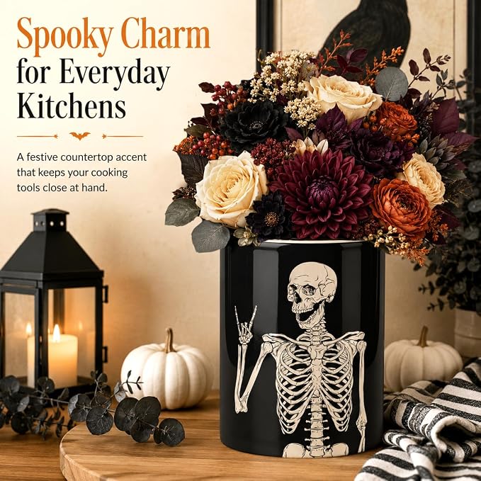 Halloween Kitchen Utensil Holder, Funny Skull Ceramic Utensil Holder , Cooking Utensil Crocks for Kitchen Countertop, Kitchen Decorations Rustic Farmhouse Decor
