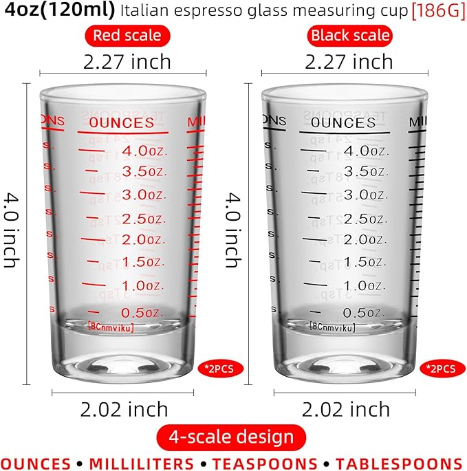 4Pcs Shot Glass Measuring Cup, 4 Ounce Heavy Base Jigger, Espresso Shot Glasses, Liquid Cup, Round Shot Glasses, Small Cups for Vodka, Whiskey, Tequila, Espresso, Liquor (4, Black & Red)
