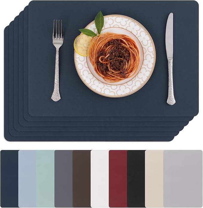 SHACOS Placemats Set of 6 Faux Leather Waterproof Leakproof Wipeable PU Non-Slip Vinyl Place Mats Heat Resistant Table Mats for Kitchen Dining Table Indoor Outdoor, Navy Blue