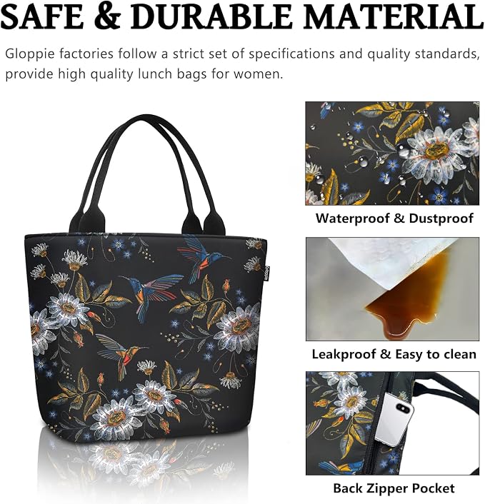 Gloppie Lunch Bag for Women Insulated Lunch Tote Leakproof Cooler Bag Teacher Appreciation Gifts for Work Hummingbird Daisy 9L
