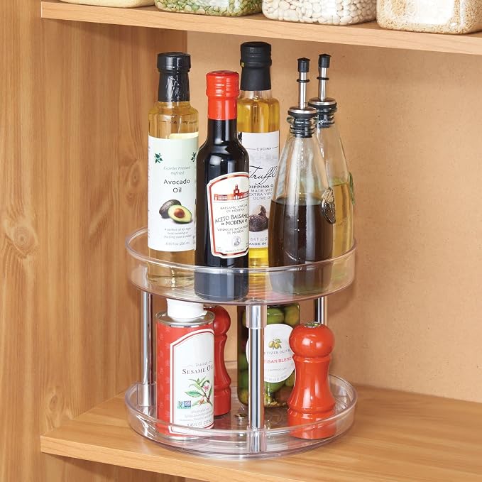 mDesign 2-Tier Lazy Susan Turntable for Kitchen Cabinets, Shelf, Table, Countertop, 9" Multi Level Rotating Organizer Carousel, Storage Turntable Organizer, Ligne Collection, 2 Pack, Clear/Chrome