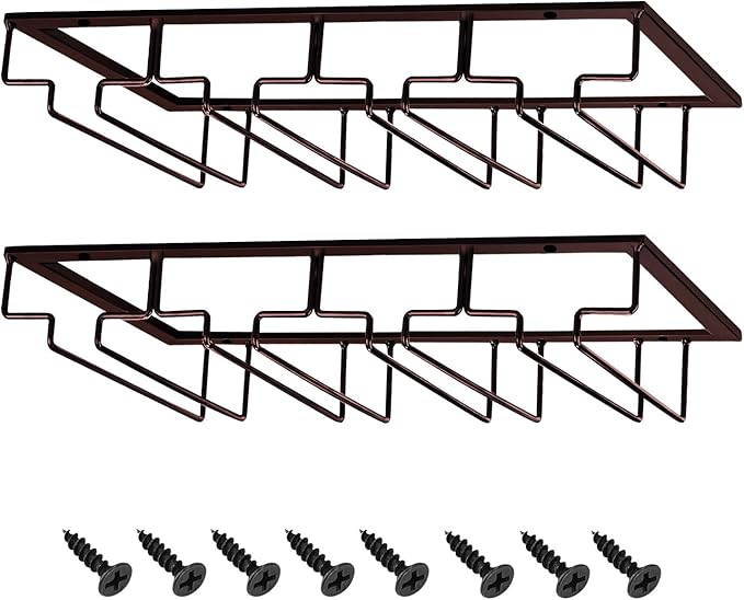 MOCOUM Wine Glasses Rack Under Cabinet Stemware Rack, Wine Glass Hanger Rack Wire Wine Glass Holder Storage Hanger for Cabinet Kitchen Bar (Brown, 4 Rows 2 Pack)