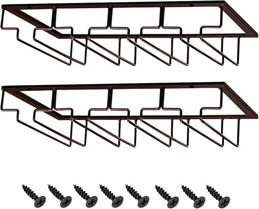 MOCOUM Wine Glasses Rack Under Cabinet Stemware Rack, Wine Glass Hanger Rack Wire Wine Glass Holder Storage Hanger for Cabinet Kitchen Bar (Brown, 4 Rows 2 Pack)