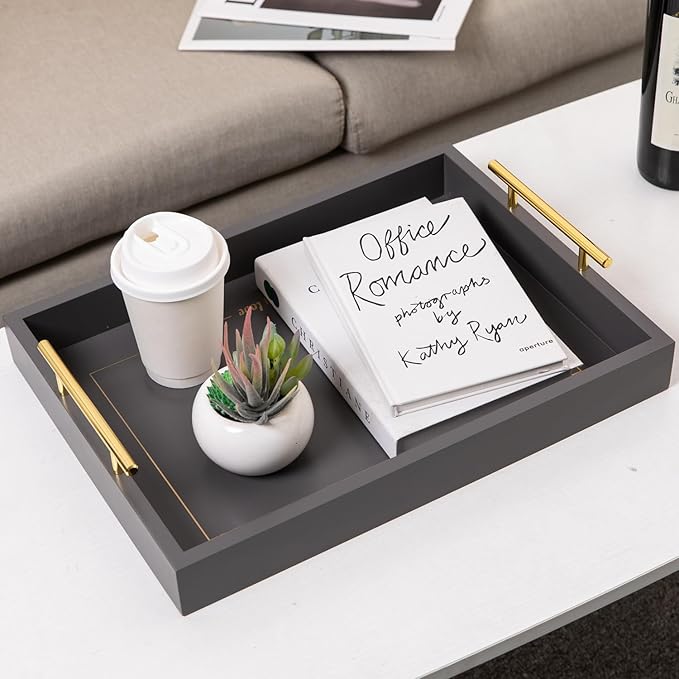 Decorative Coffee Table Ottoman Trays Modern Wood Elegant 16"x12" Rectangle Glossy Shagreen Serving Trays with Gold Metal Handles -Drinks, Liquor Serving Platter for All Occasion's (Grey)