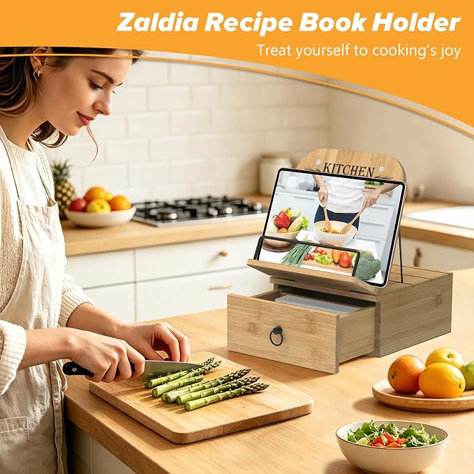 Cookbook Stand-Wooden Recipe Card Holder Box, Adjustable Cooking Book Stand for Kitchen Counter, Recipe Holder Shelf with Measurement Conversion Chart, Nice Gift for Cooking Lover-Wood,Large