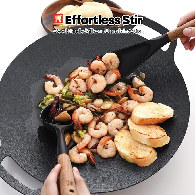 WAGENSTEIGER Set of 2pc Silicone Cooking Utensils: Wooden Handle Ladle + Long Head Serving & Cooking Spoon, Heat Resistant, BPA Free, Scratch-Resistant Surface Design