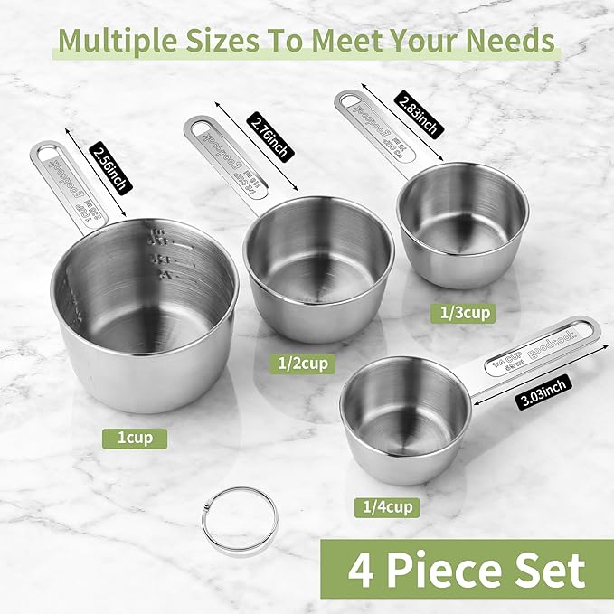 Measuring Cups 4 Pieces, Stainless Steel Measuring Cups, Stackable Design with Metal Handle for Dry and Liquid Ingredients, Ideal for Cooking & Baking