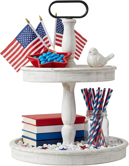 Krismax Decorative Trays - Two Tiered Tray Stand Rustic Tiered Tray Decor 2 Tiered Tray Serving Tray Seasonal & Holiday Decoration Wooden Tray for Coffee Table Farmhouse Display Stand Tray